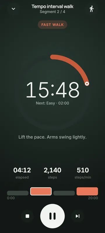 Guided tempo interval walk screen with timer and pace cue