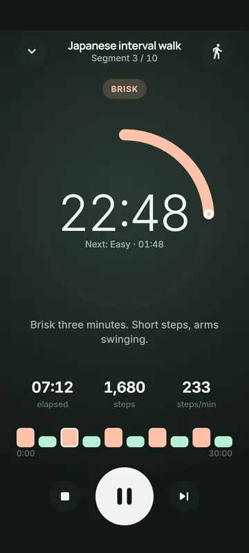Japanese interval walk screen with timer and brisk segment cue